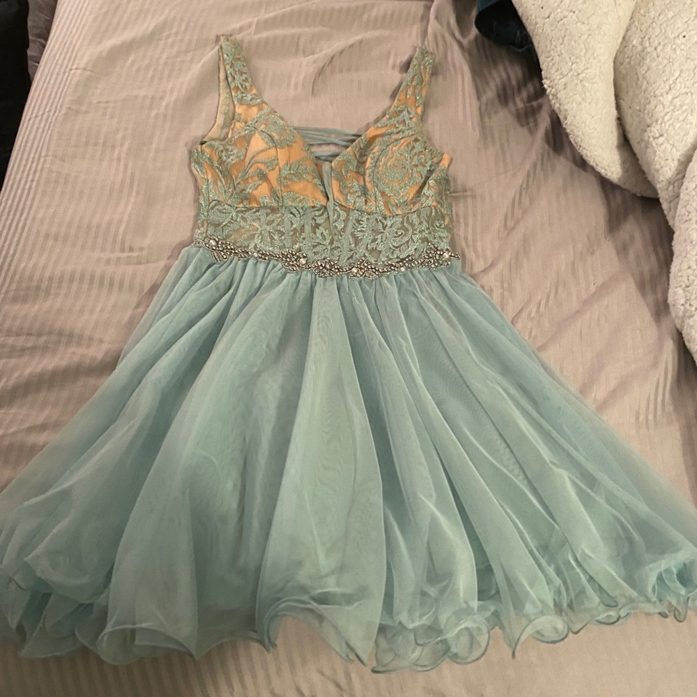 a blue formal dress